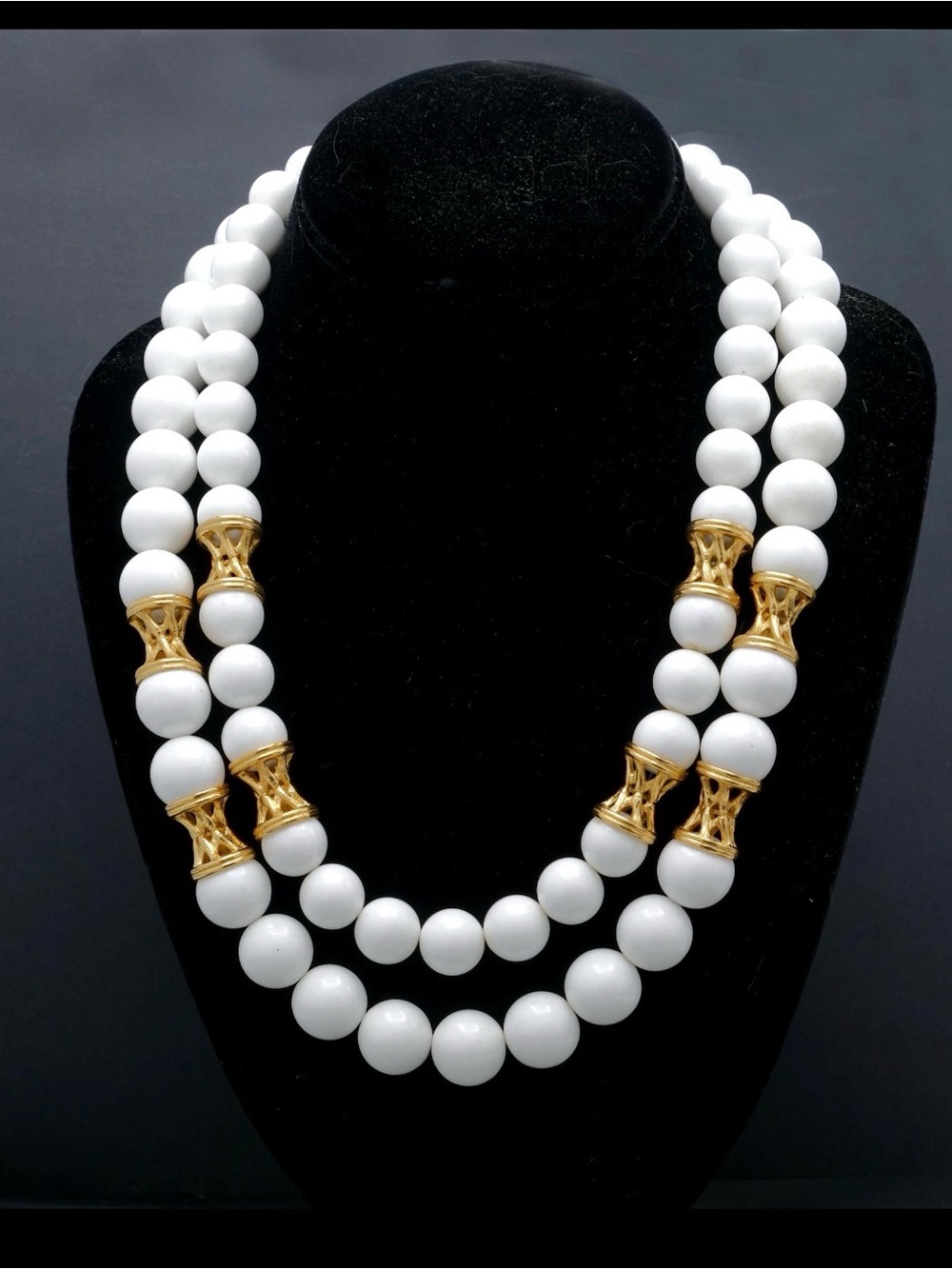 MONET Gold Accent White Beaded Double Strand Necklace  vintage rare find!